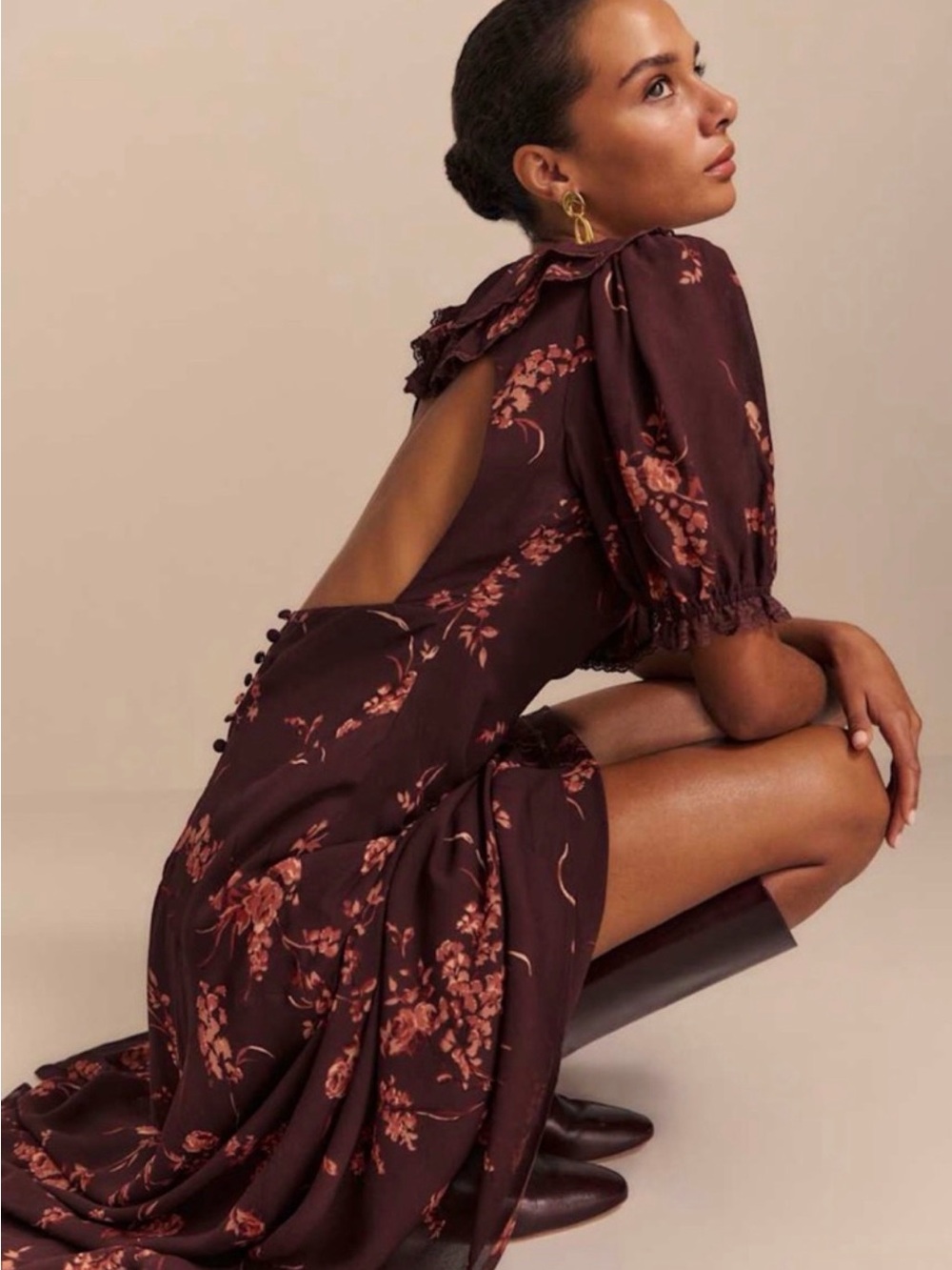 Reformation Evra Lace Georgette Burgundy Maxi Dress with Rust Floral Print - Picture 3 of 13